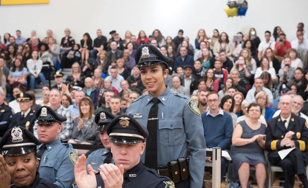 Officer Santos, in her University of Massachusetts Amherst Police Department uniform, at the graduation ceremony for the fifth class of the Northern Essex Community College/Methuen Police Academy in February. (NECC Courtesy Photo)