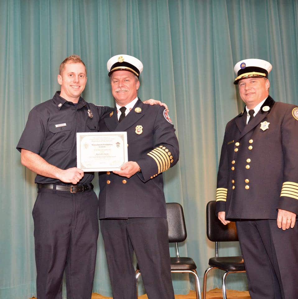 Firefighter Maxwell Bayko, Fire Chief Christopher LeClaire, and State Fire Marshal Peter J. Ostroskey at the graduation ceremony Monday evening in Groveland (Courtesy Photo/Mike Kent)