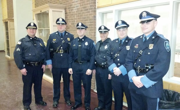 Pictured Left-to-right: Sergeant Dan Kmiec, Lieutenant Jon Hubbard, New Officer Matthew Mayer, Special Officer Al DiGregorio, Officer. David Moore, and Officer. Charles Ciccotelli. (Courtesy of the Ipswich Police Department)