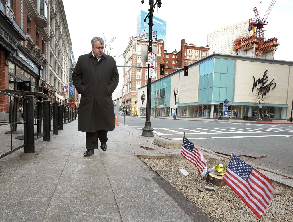 Boston Police Commissioner Edward F. Davis walks the grounds near the Finish Line (City of Boston Mayor's Office photo)