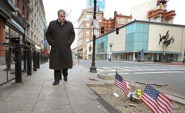 Boston Police Commissioner Edward F. Davis walks the grounds near the Finish Line (City of Boston Mayor's Office photo)