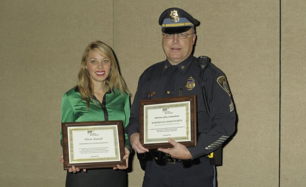 Pictured are AAA Traffic Safety Specialist Diana Dias and Boxborough Police Sergeant Warren J. O'Brien at the AAA Awards Luncheon in Worcester. (Courtesy of the Boxborough Police Department)