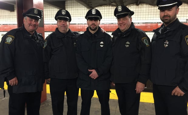 Pictured left to right: Officer Mark Foote, Detective Thomas Quinn, Officer Anthony Giacalone, Officer Kevin Mackay, Officer Brendan Chipperini.