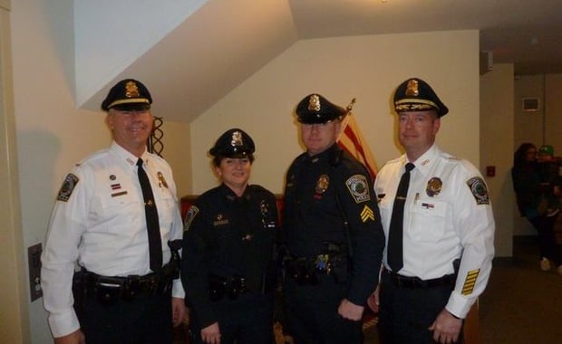 Pictured left-to-right are newly promoted Lieutenant Scott Hatch, Officer Joanne Ballard, and Sergeant James Rodden with Chief Donald C. Cudmore. (Courtesy photo)