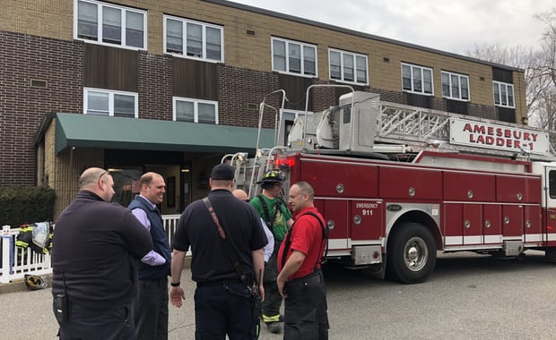 The Amesbury Fire Department, along with 10 additional departments in Massachusetts and New Hampshire, responded to the Merrimack Valley Health Center nursing home this morning for a fire. (Courtesy Photo)