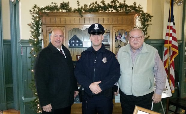Pictured left-to-right: Saugus Police Chief Domenic J. DiMella, Officer Alexander Klimarchuk, and Acting Saugus Town Manager Robert Palleschi. (Courtesy of the Saugus Police Department)