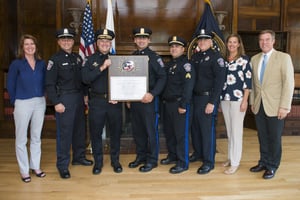 Left to right: L to R: Administrative Clerk Ann Marie Gill, Court Prosecutor Christopher Shaw, Chief Christopher Delmonte, Accreditation Manager Lt. Thomas Schlatz, Asst. Accreditation Manager Sgt. Thomas LaGrasta, Officer Joseph Parmeggiani, Office Administrator Paula Bracken and Town Manager Michael Dutton. (Courtesy Photo)