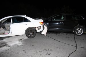 Bedford Police responded to a four-car crash over the weekend. A Mazda, right, rear-ended a Hyundai, left, causing two other cars to sustain damage on Route 114. (Courtesy Photo)