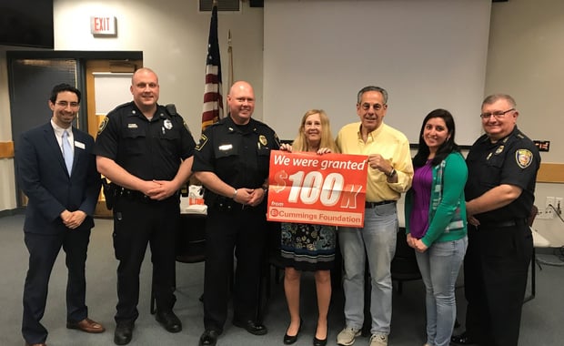 MPY Board member Mario Portillo (The Savings Bank Wakefield), Wakefield Police Officer Michael Pietrantonio (School Resource Officer), Stoneham Police Chief James T. McIntyre, MPY Executive Director Margie Daniels, MPY President Tony Pierantozzi, MPY Prevention and Education Coordinator Camila Barrera, and Woburn Police Chief Robert Ferullo. Not pictured is Chairman of the Board and Wakefield Police Chief Rick Smith. (Courtesy Photo)