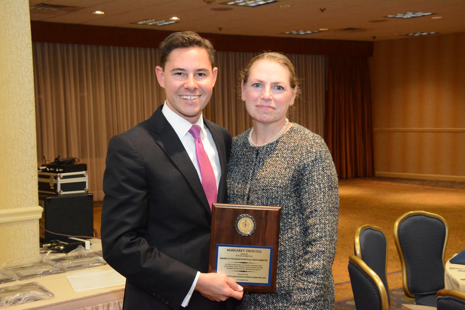 School Committee Chairman Margaret Driscoll receives All-State Committee award from Massachusetts Association of School Committees, Inc. President Jake Oliveira. (Courtesy Photo)