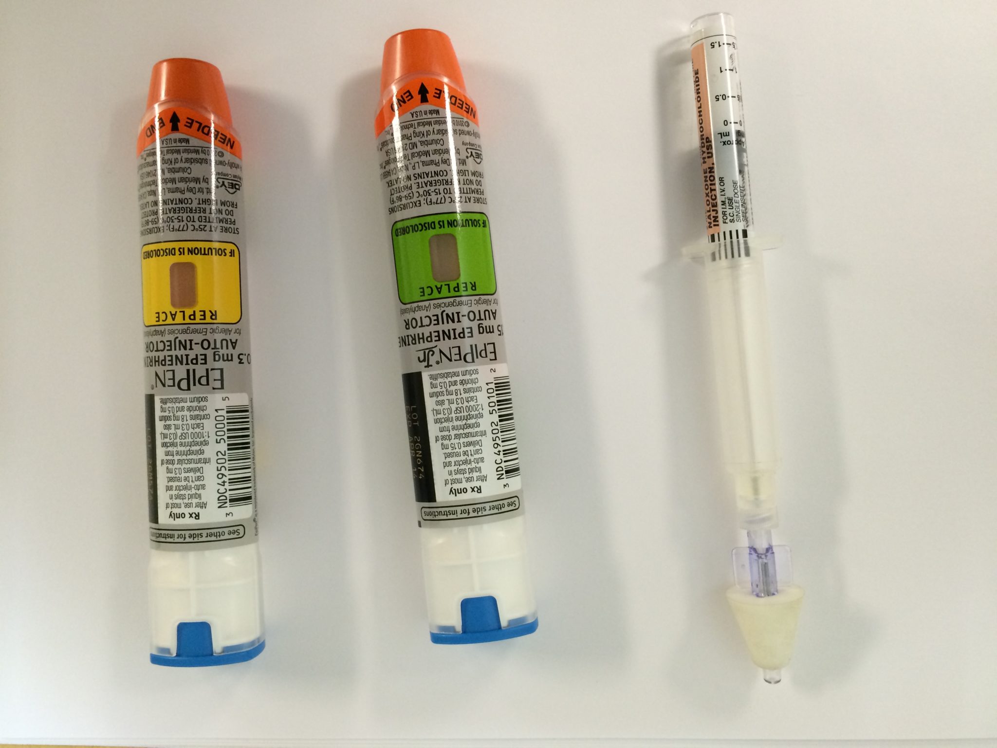 A sample of EpiPens and Nasal Narcan carried by Dunstable Police Department cruisers. (Dunstable Police Photo)
