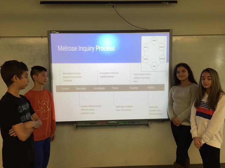 Several Melrose Veterans Memorial Middle School students traveled to Regis College last week to present at the Frank Locker's Project-Based Learning 7.0 Conference. Left to right: Salah Farouqi,Ted Er, Dana Miquilena and Sophia Holz. Not pictured is Rick Noel. (Courtesy Photo)