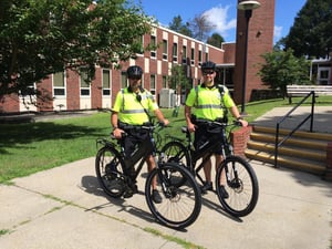 Officers Jeff Torrisi, left, and Nick Conway debut two new Polaris eBikes for the Methuen Police Department.