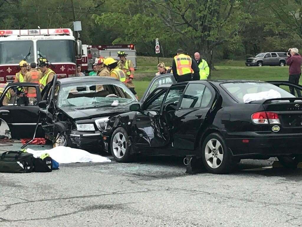 Police and fire officials from West Newbury, Groveland and Merrimac put on a mock fatal car crash for Pentucket Regional High School students.