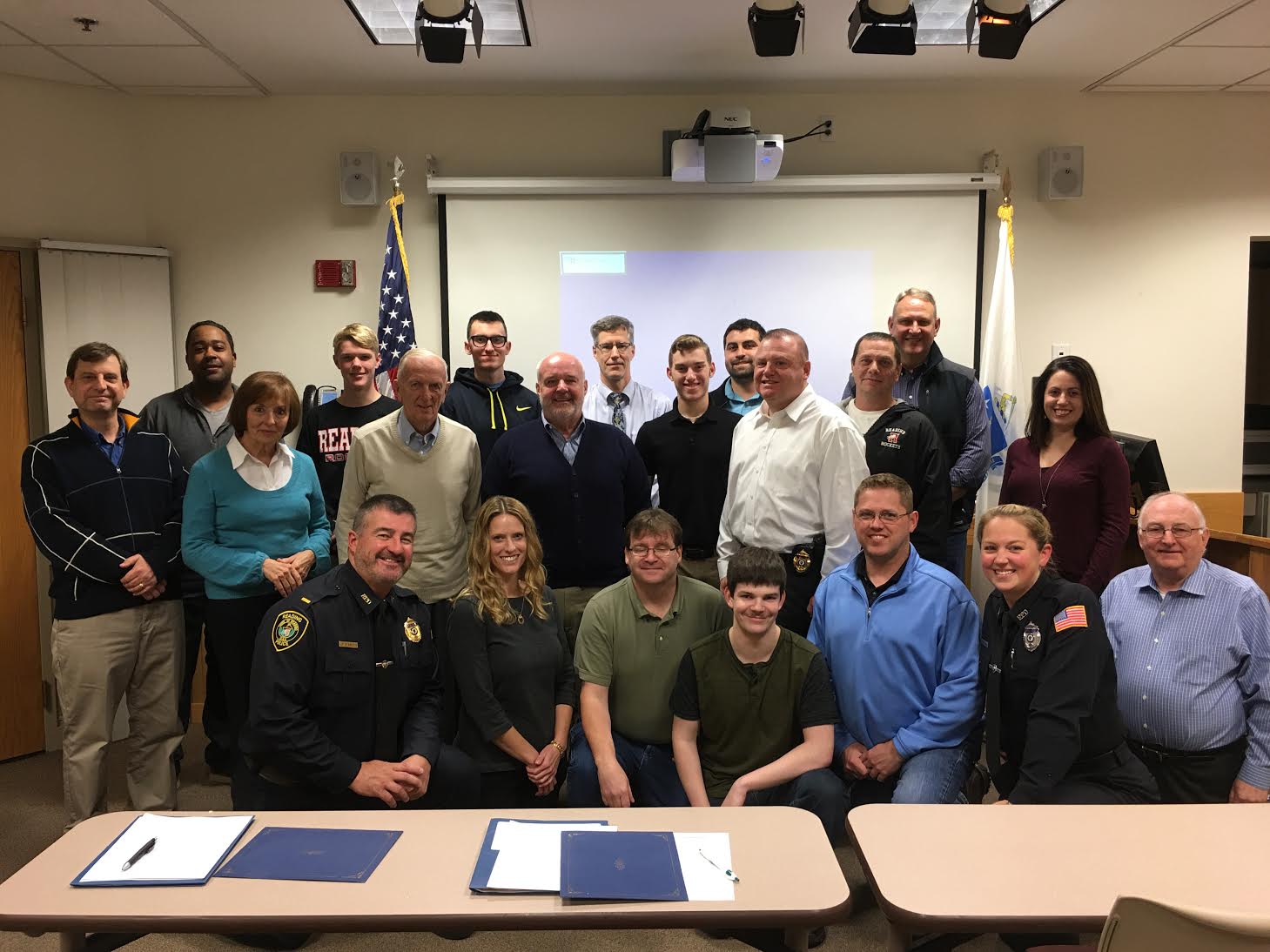 The Reading Police Department hosted a Citizens Police Academy for residents in town. Back row (left to right): Jason Wilkins, Keegan Coulter, Ryan Bond, John McHale, Michael Modoono, Larry Healy. Middle row (left to right): Alex Ruapp, Alicia Gallagher, Robert Matson, Robert Schuster, AJ Ucci, Chief Mark D. Segalla, Brian Van Horn, Andrea Madden. Front row (left to right): Lt. Dave Stamatis, Karen Little, Thomas Harper, Justin Harper, Robert Grady, Community Service Officer Kristen Stasiak, William Mills. Not pictured: Kathy Gee and Mona Lee. (Courtesy Photo)