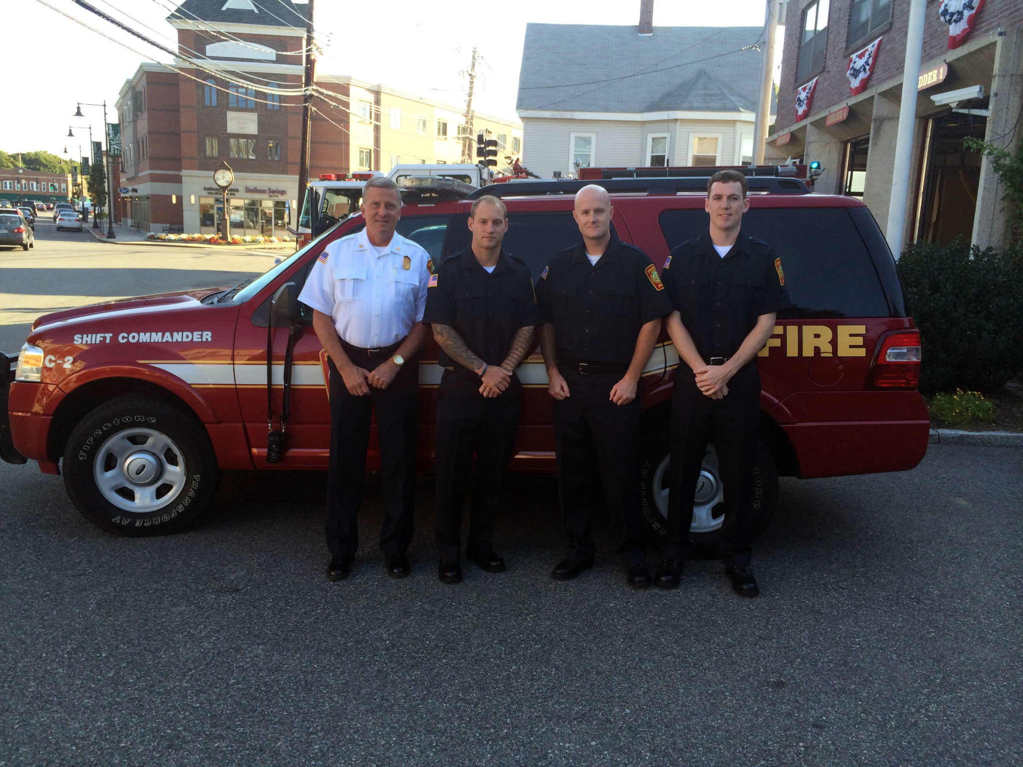 Left-to-right: Acting Fire Chief William F. Spillane and recruits Matthew Munchbach, Keith Hibbard and Brian Hutchinson. (Dedham Fire Department Photo)