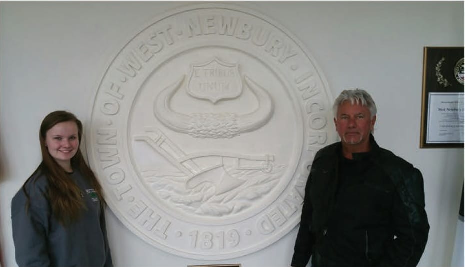 Jennifer Nelson (left) and Fred Hardy (right) with the blank fresco. The finished product will hang in the entryway of the West Newbury Safety Complex.