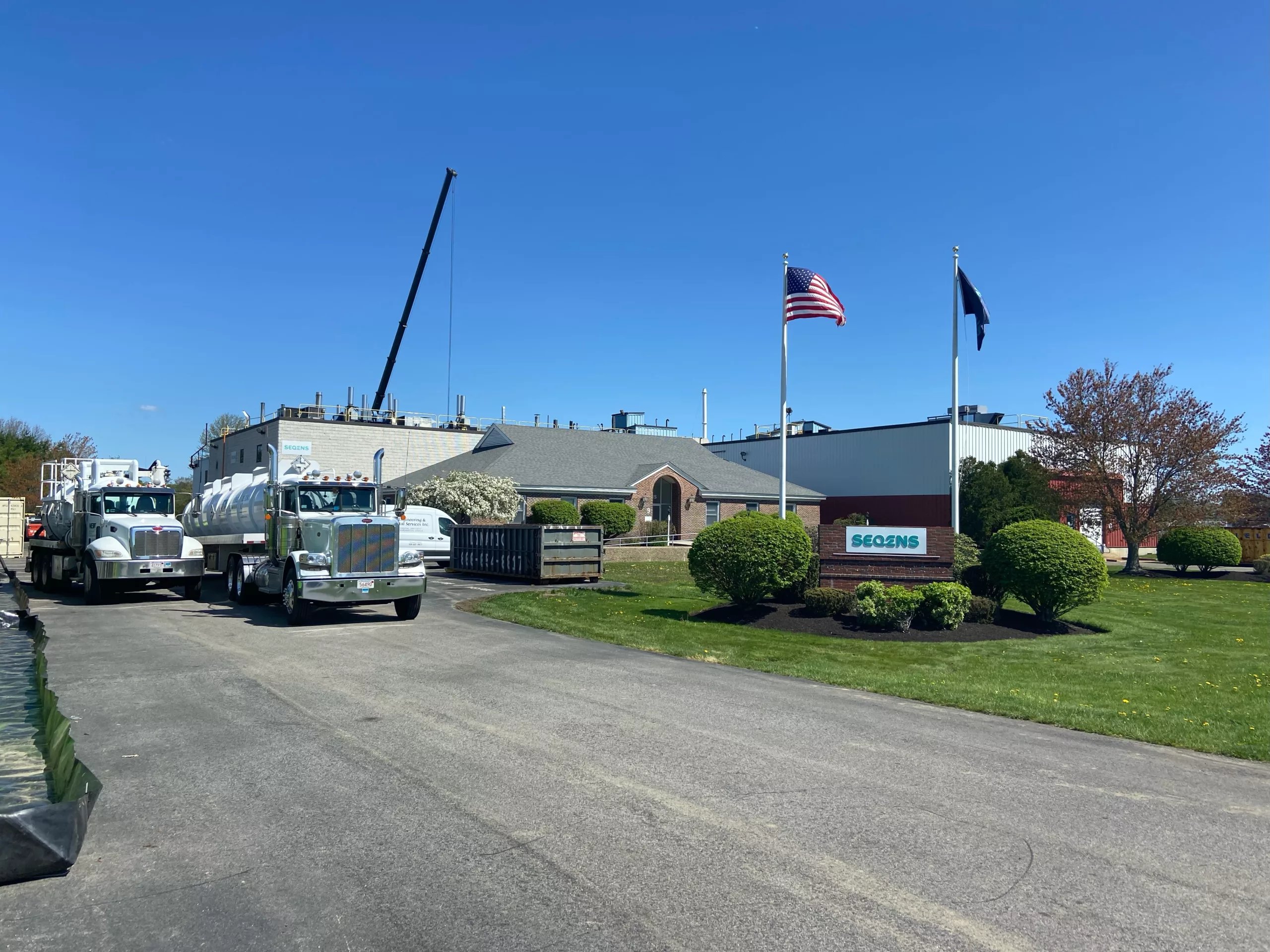 Fire crews and private contractors remain at the Seqens plant on Monday. (Courtesy Photo/Newburyport Fire Department)