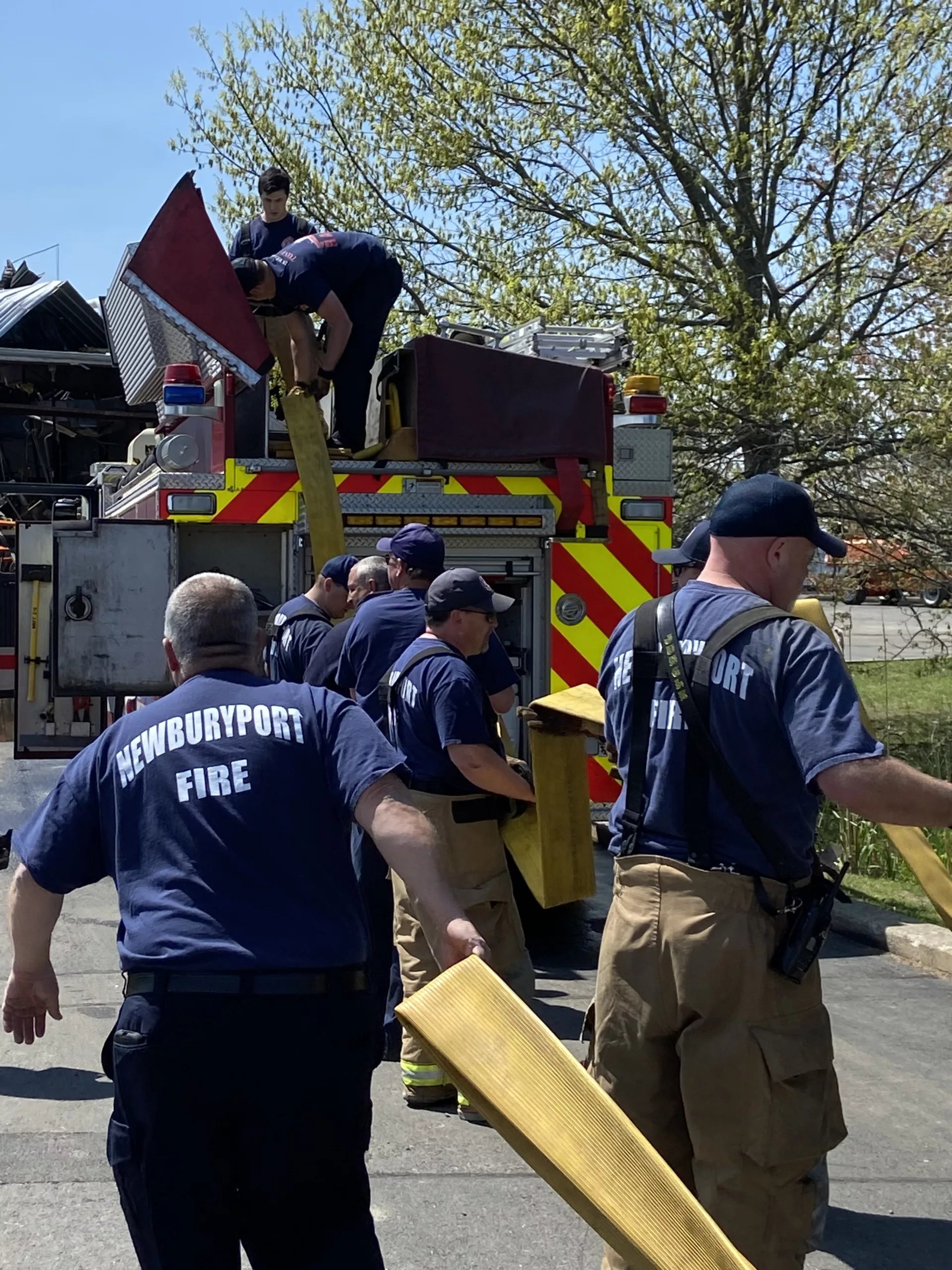 Newburyport Firefighters prepared to turn the Seqens site over to the Newburyport Building Department and private contractors on Wednesday. (Courtesy Photo)