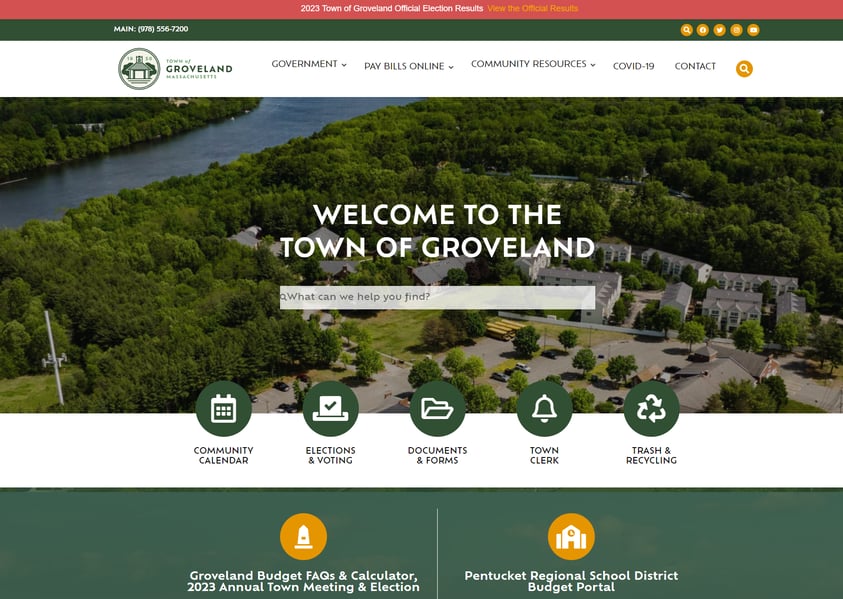 A new town website logo and icons for Groveland's library, fire department, town government, police department and water/sewer department gave consistency and improved navigation across the five town websites. JGPR previously redesigned the Groveland Police Department patch and incorporated the Revere bell into the overall town branding.