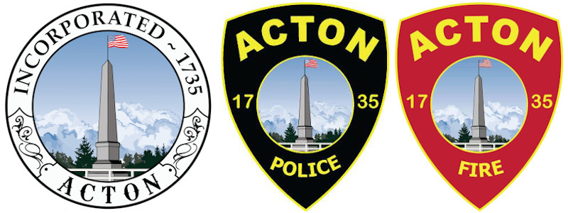 Town of Acton seal, Acton Fire badge, Acton Police badge