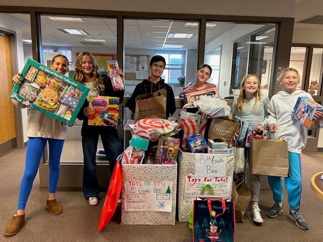 Cornerstones Club Advisory Board Members at Marblehead Veterans Middle School led a successful toy drive. From left, Laurel Kearney, Cate Cole, Jack Manganis, Clare Bush, Eleanor Morgan, and Patsy Jellison. (Photo Courtesy Marblehead Public Schools)