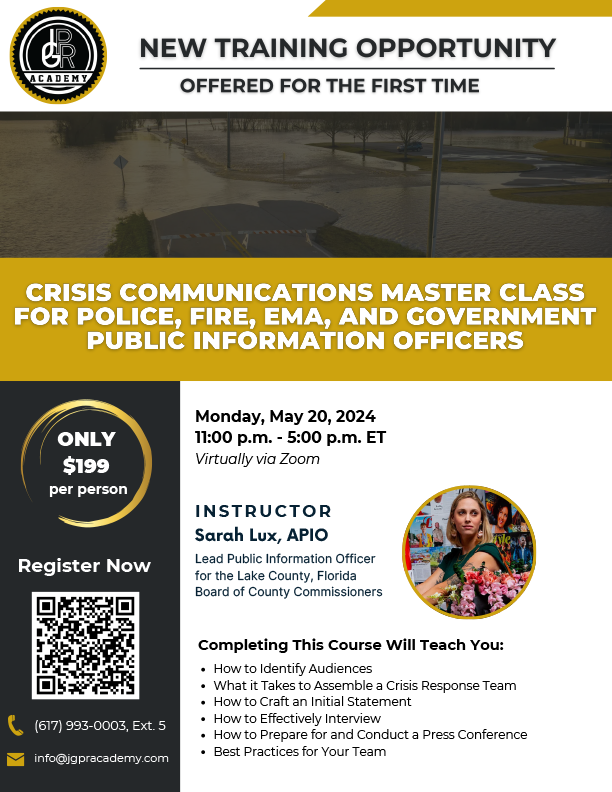 Training -- MASTER CLASS -- Crisis Communications for Police, Fire, EMA and Government Public Information Officers