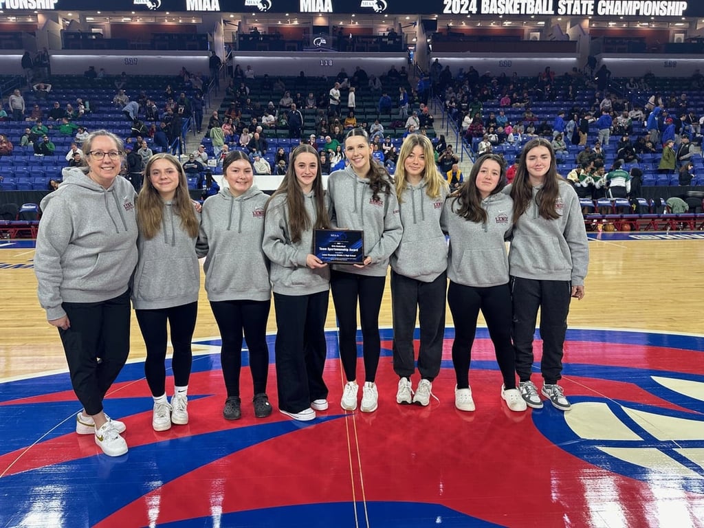 Left to right, Head Coach Nicole Patella, and students Chloe Parsenios, Grace Julieano, Jocelyn Fairfield (Capt.), Kelsey Kirchner (Capt.), Charlie Keator, Evelyn Julieano, & Katie Shove. (Photo Courtesy Lenox Public Schools)

