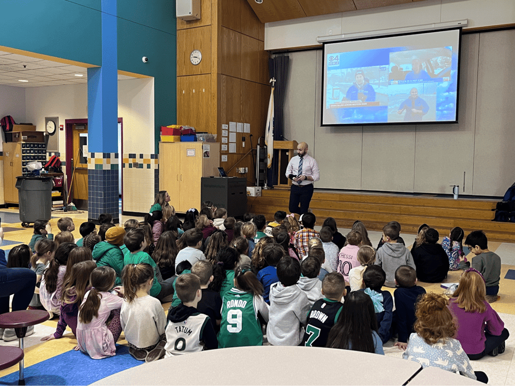 First graders at Dolbeare Elementary School participated in a live weather broadcast with meteorologist Jacob Wycoff from WBZ-TV that supports the district’s new K-4 English Language Arts curriculum. (Courtesy Photo/Wakefield Public Schools) First graders at Dolbeare Elementary School participated in a live weather broadcast with meteorologist Jacob Wycoff from WBZ-TV that supports the district’s new K-4 English Language Arts curriculum. (Courtesy Photo/Wakefield Public Schools)