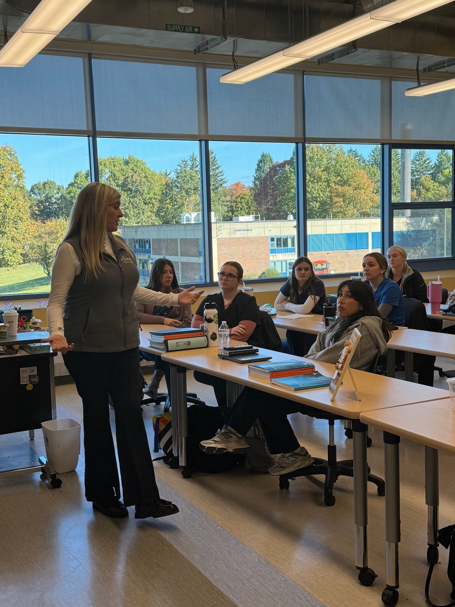 Sarahkate Sullivan of Elliot Physical Therapy visits Health Assisting program students at Blue Hills Regional Technical School’