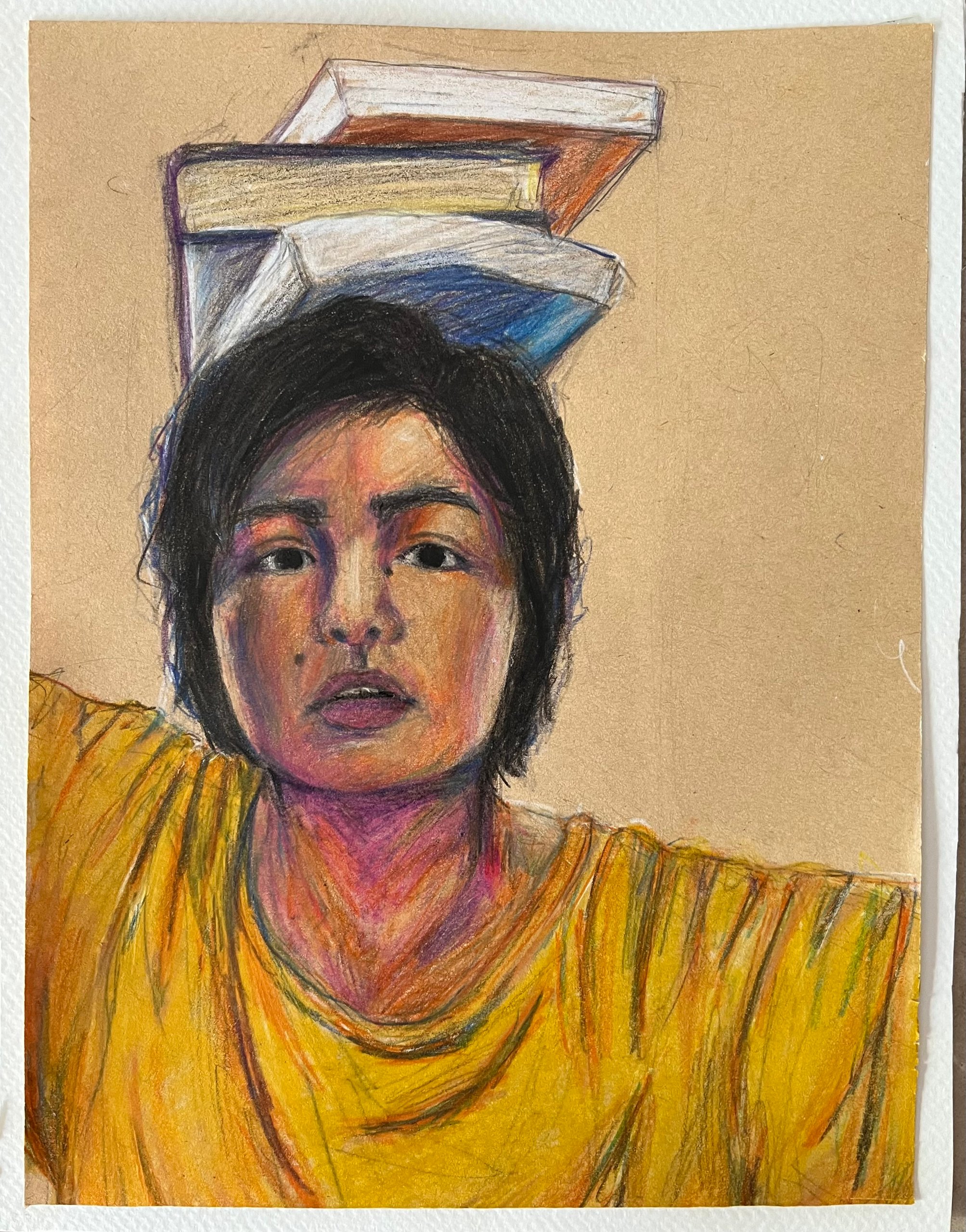 Painting of student with books stacked atop head