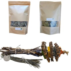 Angus & Co Forage & Chew Bundle for guinea pigs and rabbits: willow forage, apple forage, apple and willow stick bundles and a Shredder Toss Toy