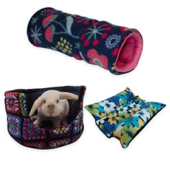 Rabbit Starter Pack: Large Rabbit Tunnel, Large Snuggle Cup and Bunny Bumper Mat, handmade fleece