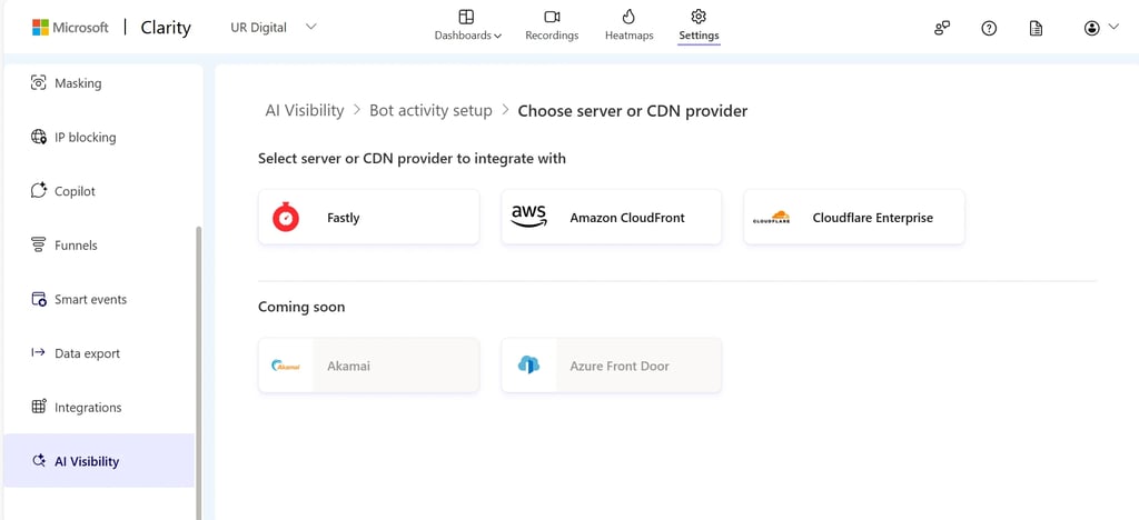 Image showing a number of CDN providers to choose from for bot activity tracking.