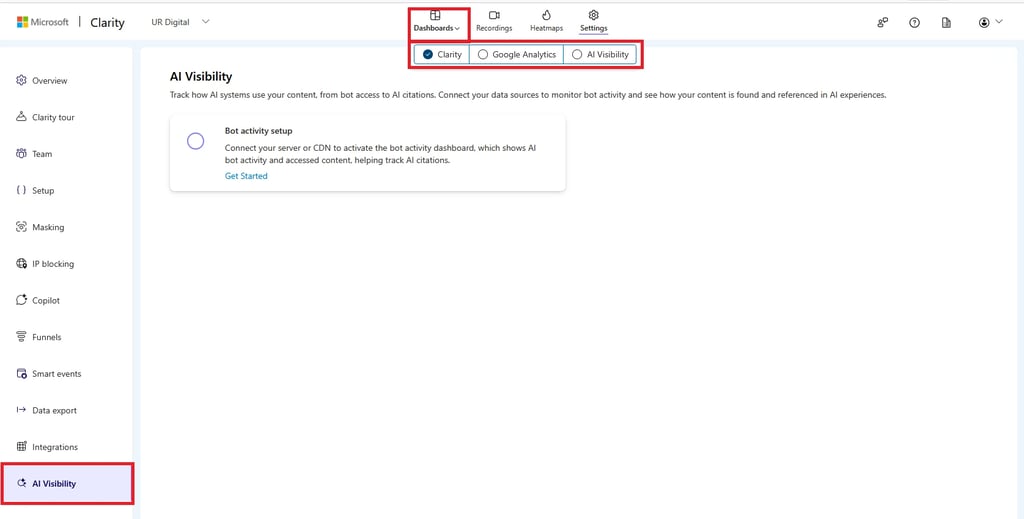 Image showing the Settings page of Microsoft Clarity and the multiple dashboards available.