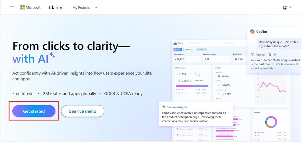 Image showing the homepage of Microsoft Clarity with Get Started inside a red box