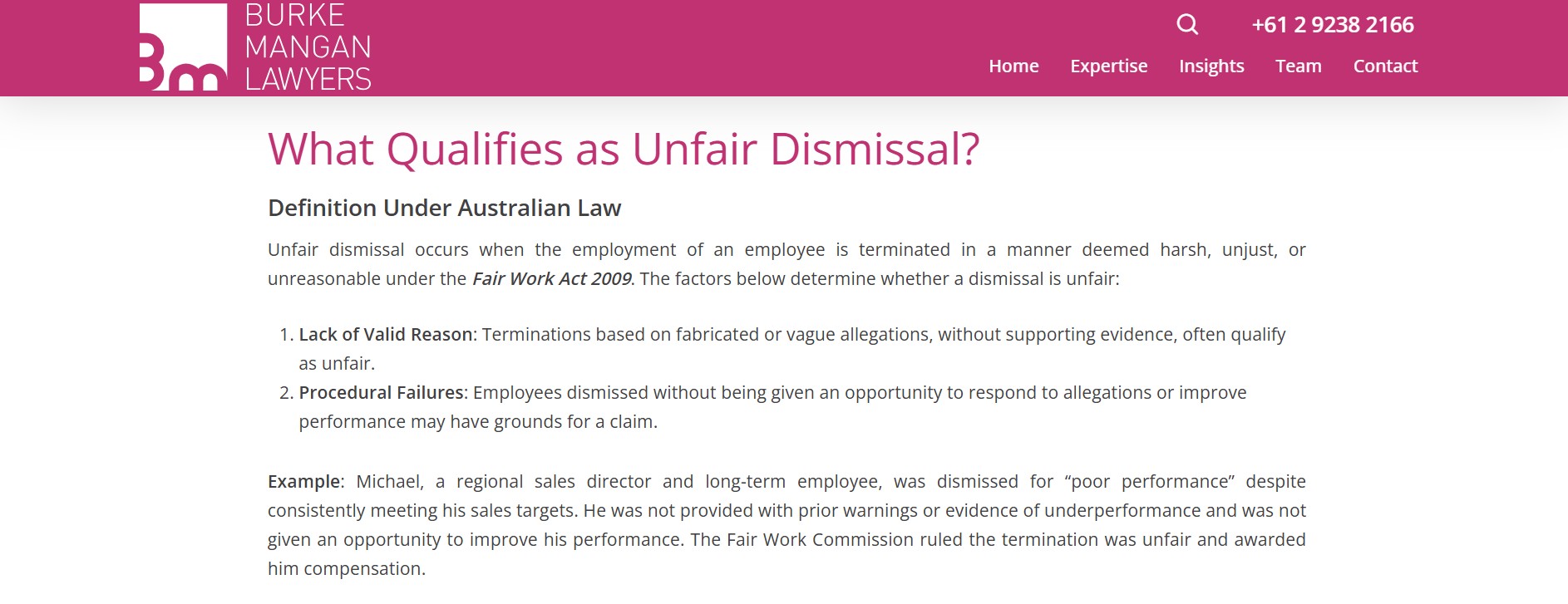 BM Lawyers screenshot of Unfair Dismissal
