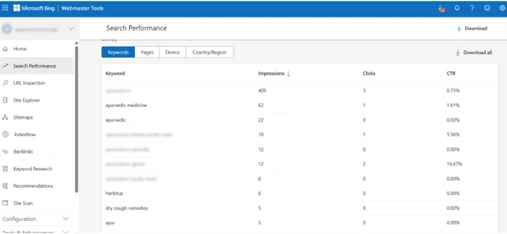 bing webmaster tools example