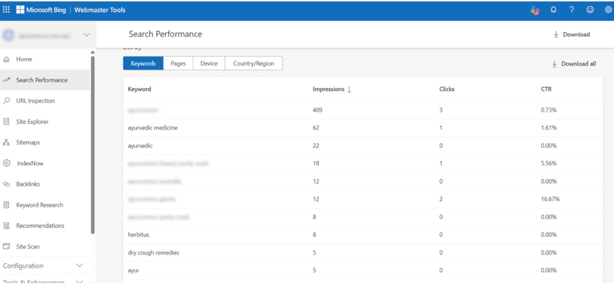 Bing Webmaster Tools Screenshot