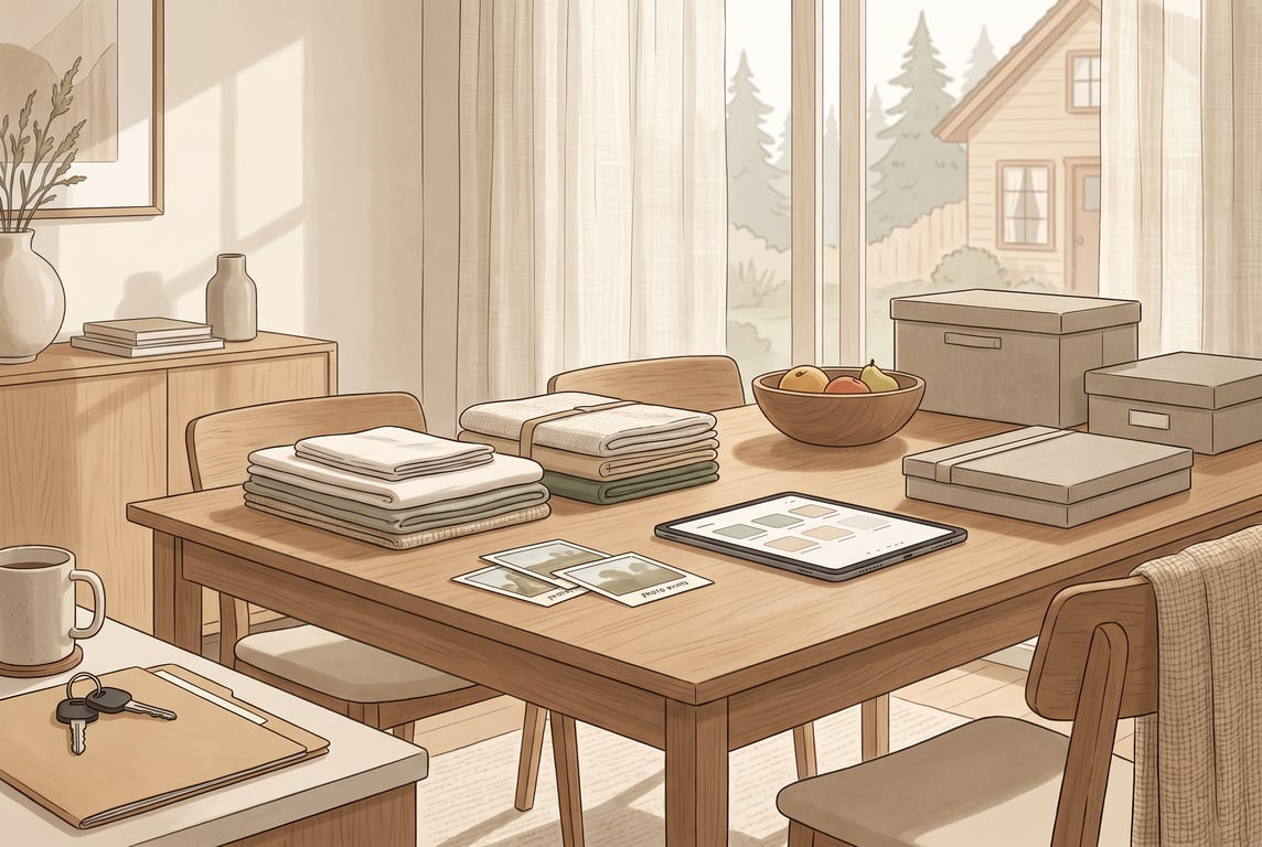 A warm, calm editorial illustration of a modern family home interior with a soft forest-and-cream palette: a wooden dining table or sofa covered with neatly arranged household belongings, labeled phot