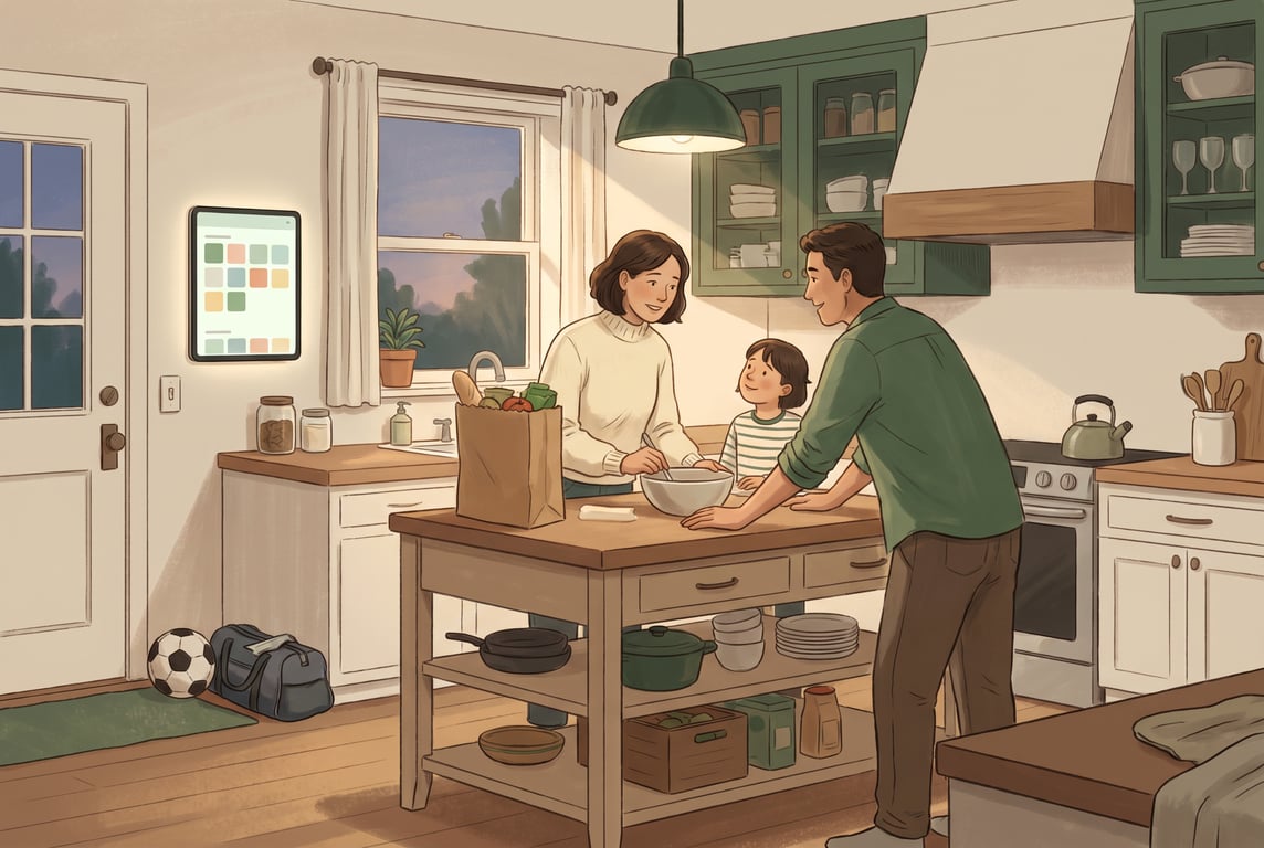 A warm, calm editorial illustration of a busy family kitchen at early evening, with a cream and soft forest-green palette. On the wall, a large shared digital family calendar glows gently on a tablet