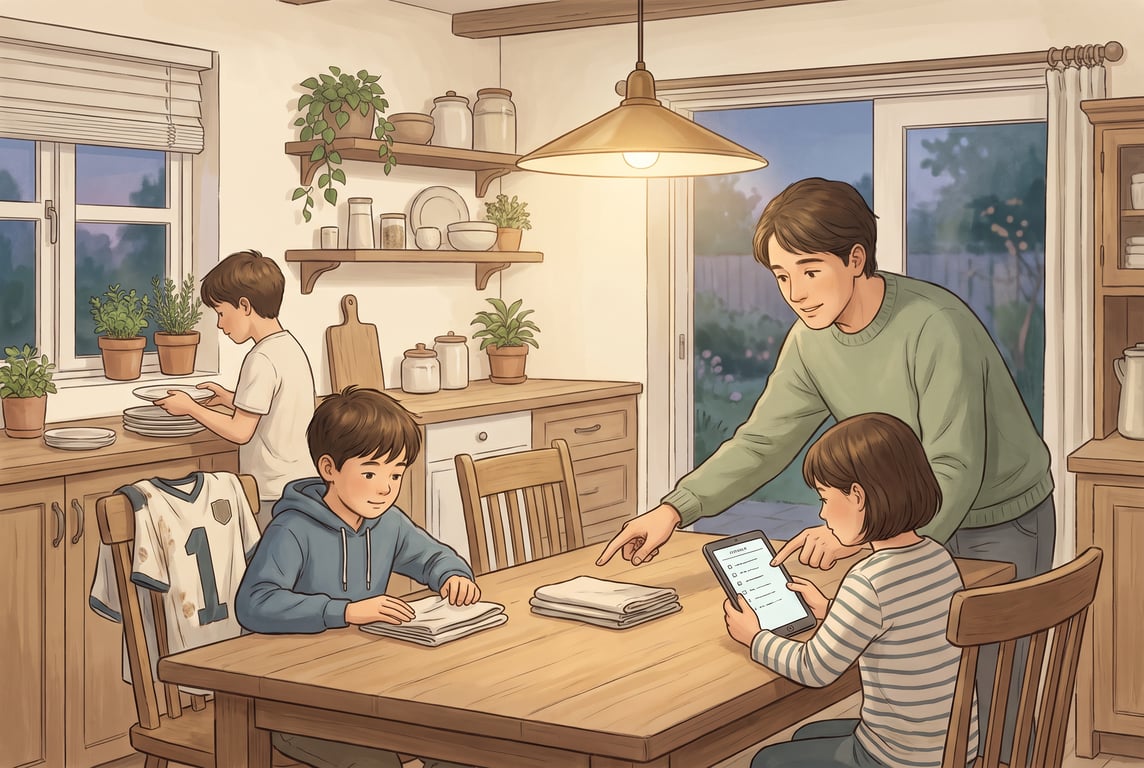A warm, natural family kitchen in the early evening, illustrated in a calm semi-realistic style with a cream, soft green, and muted wood palette. A parent and two children are working together after d