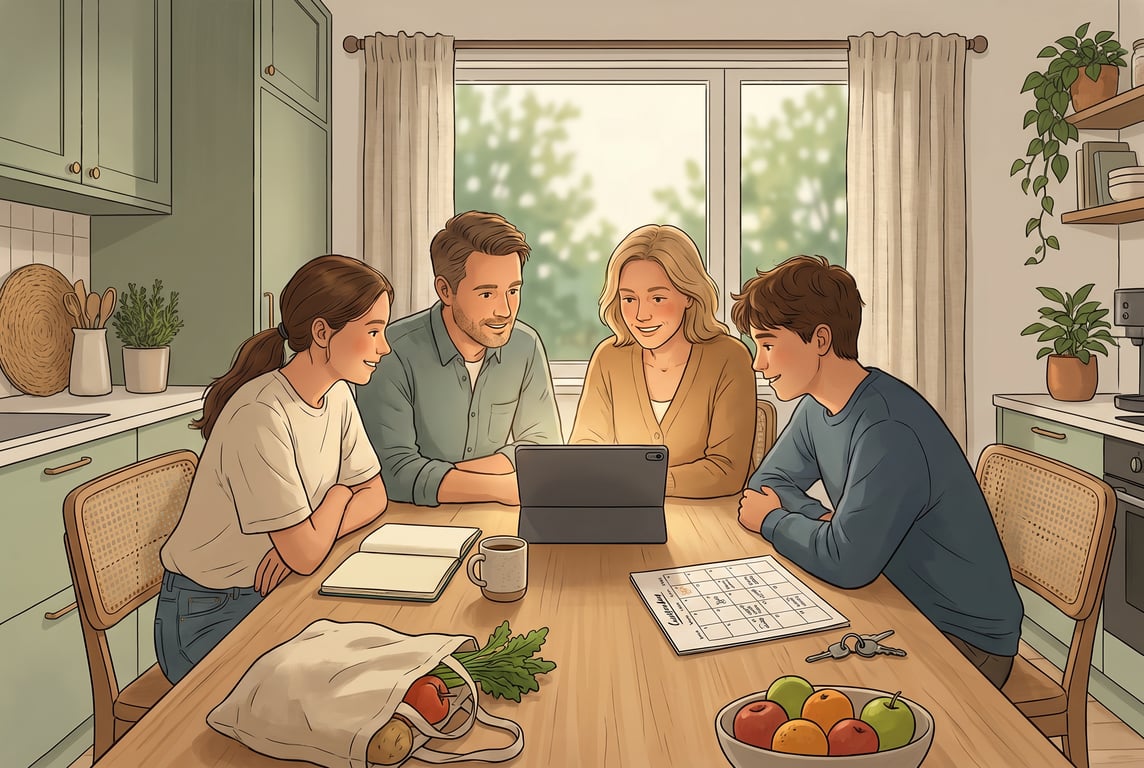 A warm, calm illustration of a modern Scandinavian home kitchen table in the early evening, with a family or roommates quietly coordinating their day around one shared tablet or phone placed at the ce