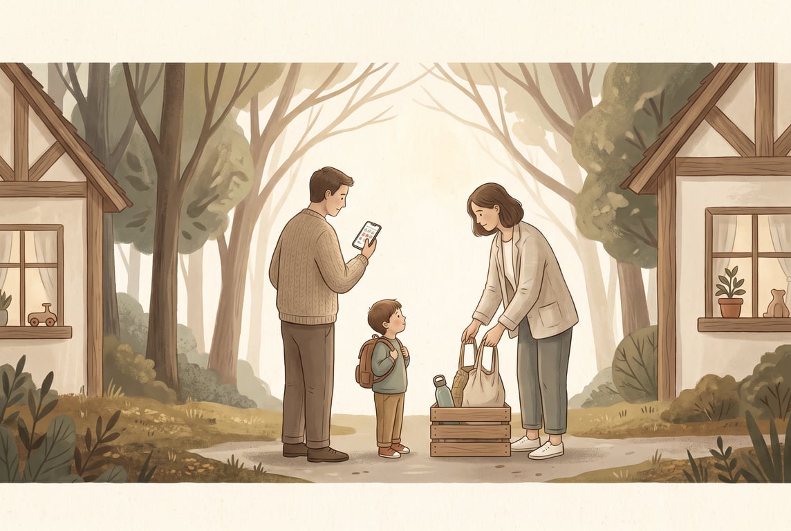 A calm semi-realistic editorial illustration of a child’s shared-parenting handover routine in a warm forest-and-cream palette: two cozy homes suggested at the left and right edges, with a small child