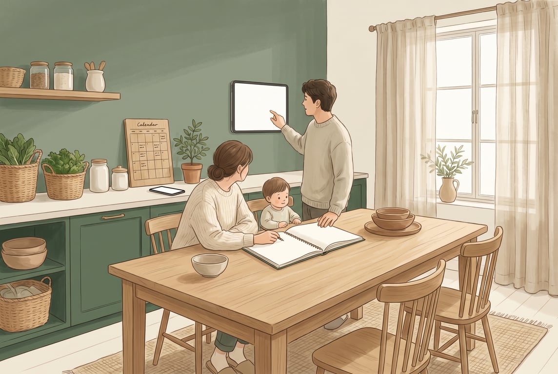 A warm, calm illustration of a modern scandinavian household kitchen and dining nook in a soft forest-green and cream palette, showing two adults and a child quietly coordinating home life around a sh