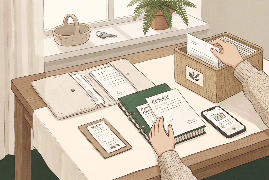A warm, calm editorial illustration of a modern household document system on a cream background with soft forest-green accents: a wooden table holds a neatly arranged open folder, a labeled receipt, a