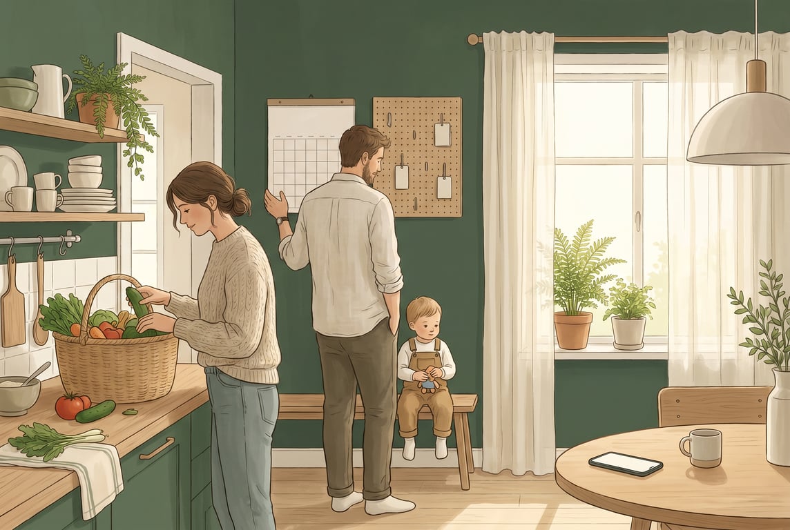 A calm editorial illustration of a cozy scandinavian family kitchen and entryway merged into one harmonious home scene, showing a warm forest-and-cream color palette with natural wood, soft textiles,