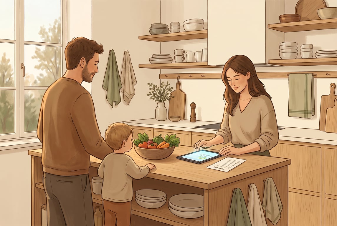 A warm, natural illustration scene inside a calm Scandinavian family kitchen at late afternoon, with cream walls, light oak shelves, linen towels, and soft forest-green accents. Two adults and a child