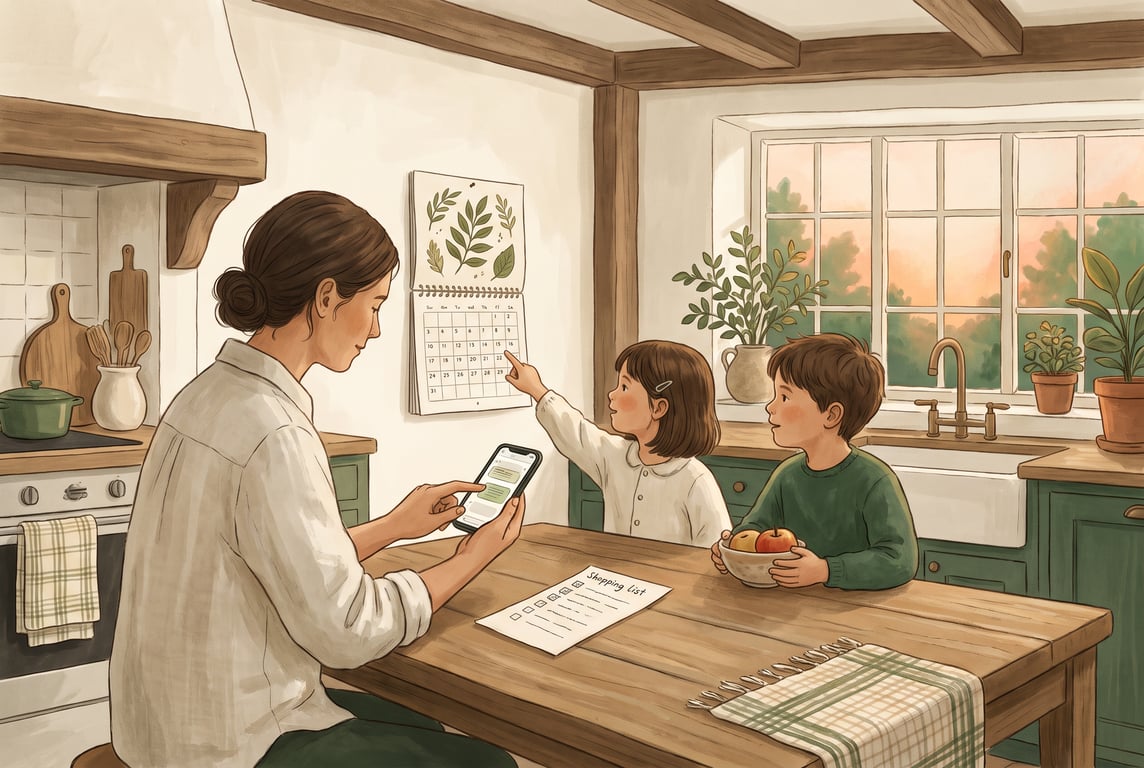 A warm, natural editorial illustration of a family kitchen table in the early evening, with a parent and two children quietly coordinating plans around a simple smartphone, a paper calendar, and a sma