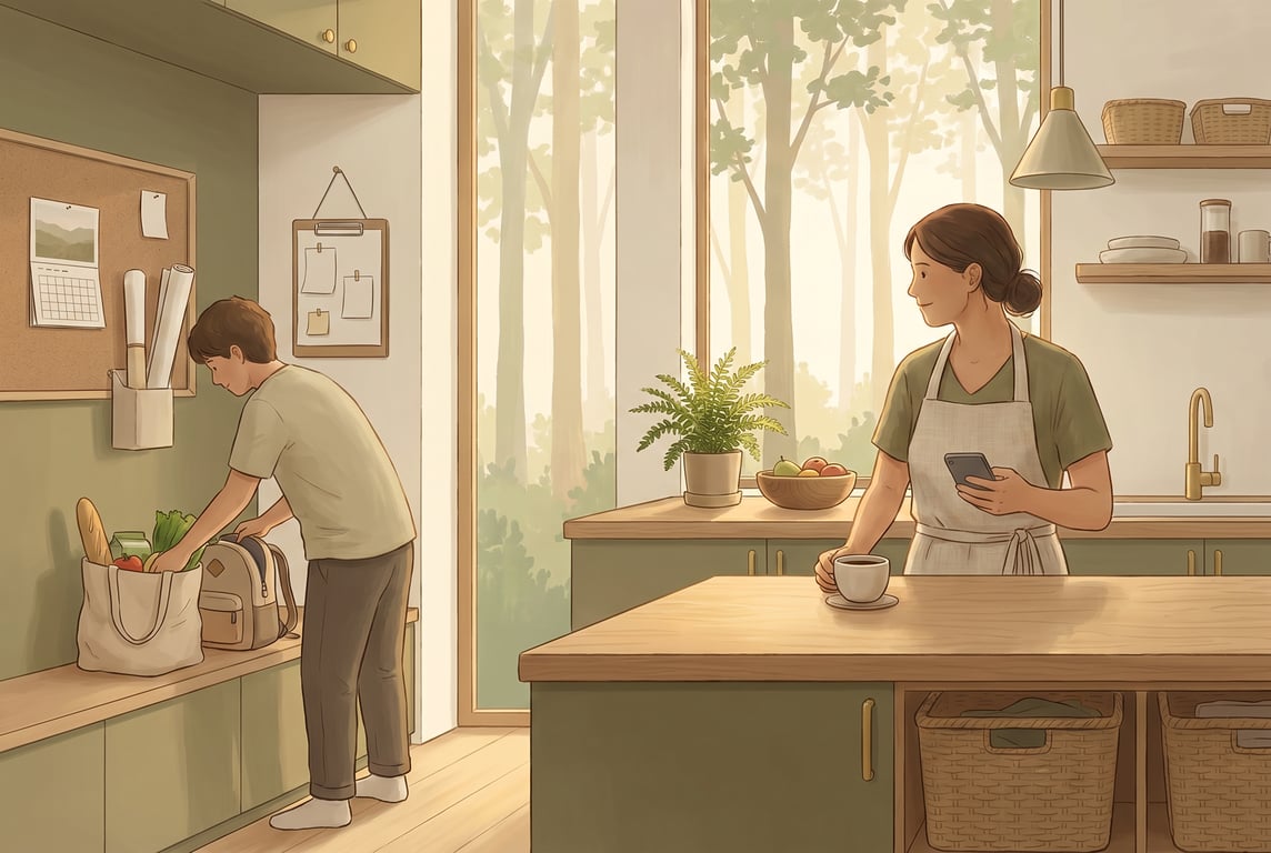 A warm, calm illustration of a modern Scandinavian family kitchen and entryway at late afternoon, with a cream and forest-green palette. Show a parent at the counter updating a shared household app on